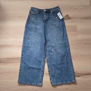 NWT Avec Les Filles Bejeweled Wide-Leg Jeans, Size 28